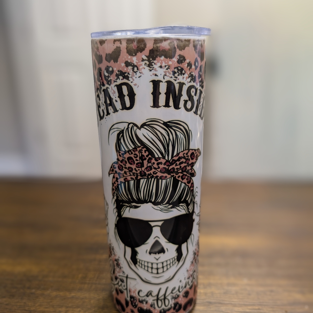 🖤 Leopard Skull Tumbler – "Dead Inside But Caffeinated" – 20 oz Stainless Steel